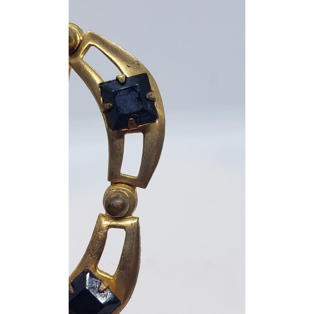 Vintage 10k Gold Plate Brooch Pin Art Deco Oval Openwork Black Rhinestone - Picture 11 of 16